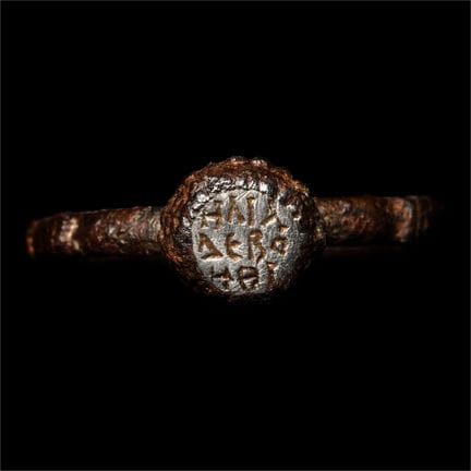 Byzantine Iron Ring with Silver Inscribed Bezel. T