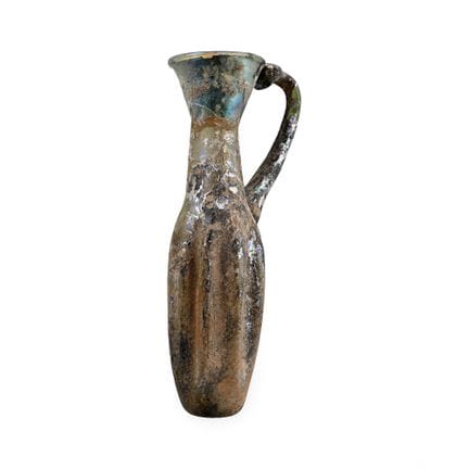 Roman Iridescent Pinched Glass Jug with Applied Ha