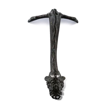 Roman Bronze Vessel Handle with Silver Inlaid Face