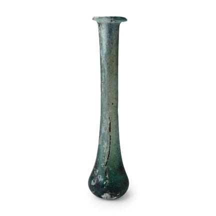 Roman Iridescent Turquoise Glass Unguentarium. Cir
