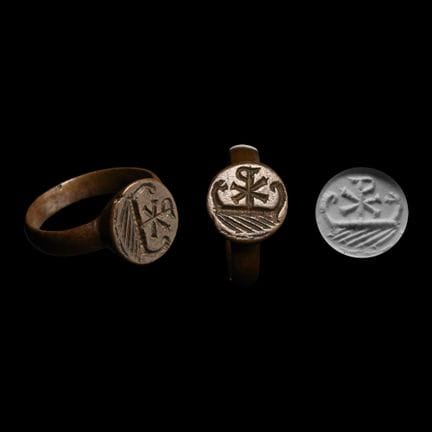 Late Roman Bronze Ring with Boat and Monogram. The