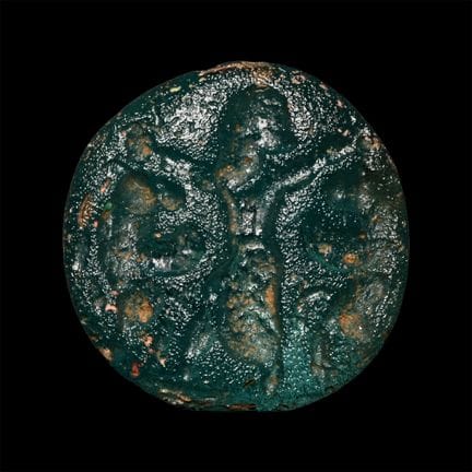 Neo-Babylonian Pale Blue Glass Seal with King. Cir