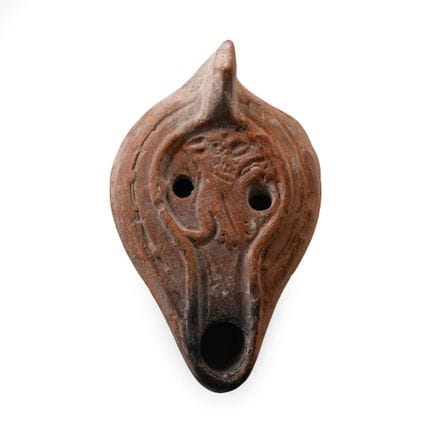 Late Roman Redware Oil Lamp with Leaping Lion. Cir