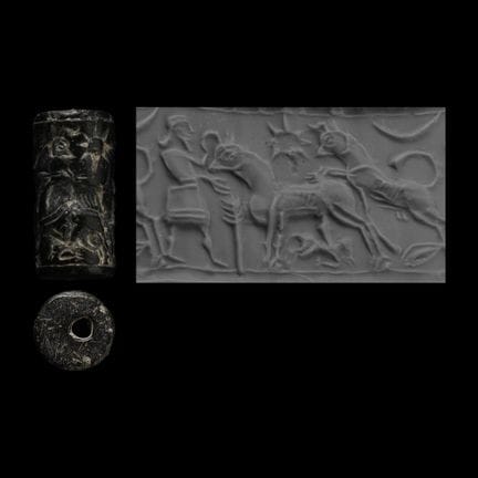 Neo-assyrisches Zylindersiegel aus schwarzem Stein