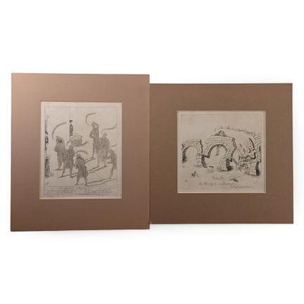 詹姆斯·塞耶斯创作的两幅乔治王朝时期政治讽刺画。公元1788年。包括： 蚀刻版画《反对派的阴影》，1