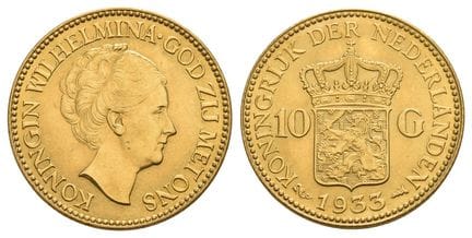 Pays-Bas, Wilhelmina, 10 florins en argent. . Pays