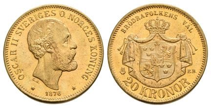 Suède. Oscar II, 20 couronnes en argent. . Suède. 