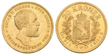 Norvège. Oscar II, 20 couronnes en argent. . Norvè