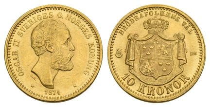 Suède. Oscar II, 10 couronnes en argent. . Suède. 