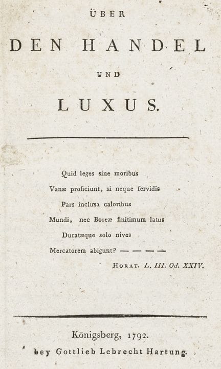 经济学——埃勒斯，马丁。《论贸易与奢侈》。柯尼斯堡，哈通出版社，1792年。72页。19 × 12.