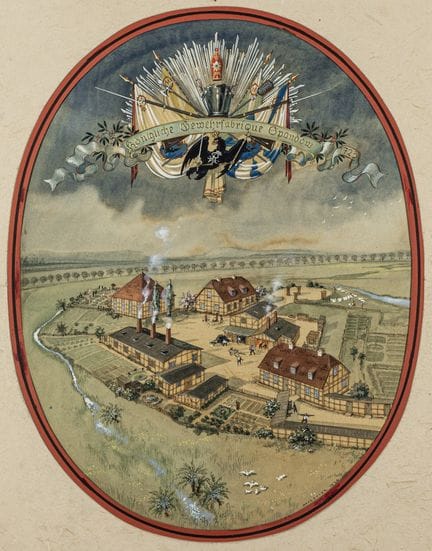 军事文物——恩德尔，汉斯。《施潘多皇家步枪制造厂》。纸板水粉画。装裱于椭圆形衬纸内。1943年。
画
