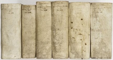 法学——6卷文集，收录大量论文和学位论文。印刷地不一，多出版于1745年前后。22 × 17.5 厘