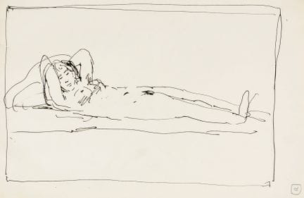 彭克（Penck），A. R. 《仰卧裸体》。纸本墨笔画。右下角有“R”（拉尔夫）的签名缩写。 19