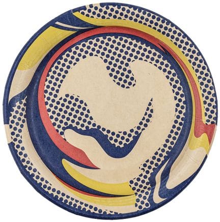 利希滕斯坦，罗伊。《盘子》。纸盘上的丝网印刷作品。背面标有日期：1969年。直径：26厘米。
由On