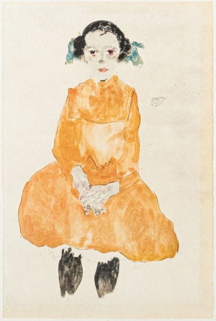 Schiele, Egon. Niña con vestido amarillo ocre. Col