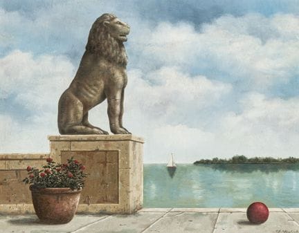 卡利什，莱昂内尔。《狮子与帆船》。布面油画。右下角签名。1990年。画作尺寸：41 x 51 厘米。