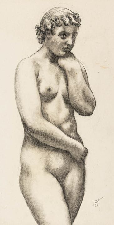 德雷斯勒，奥古斯特·威廉。《站立的裸体》。炭笔画，绘于硬纸板上。画作上以铅笔标有缩写，背面附有说明、