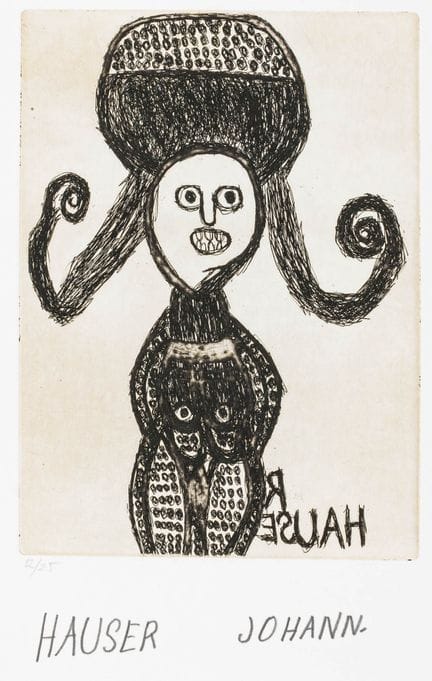 原始艺术（Art brut）——约翰·豪泽（Johann Hauser）。一套3幅印在维林纸上的冷针