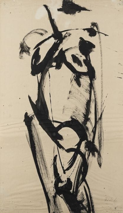 霍迪克，卡尔·霍斯特。无题。（女性裸体）。墨笔画，绘于麂皮色纸上，该纸张局部粘贴于底板上。 右下角签