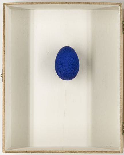 Fluxus - 斯蒂弗（Stever），豪尔赫·B. 《模型》。一个蓝色的塑料蛋，用尼龙线悬挂在木