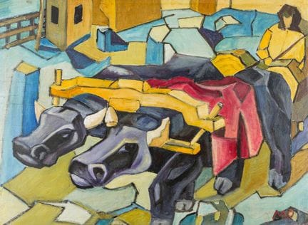 Mohi, Sandor. Untitled. (Buffalo Cart). Oil on woo
