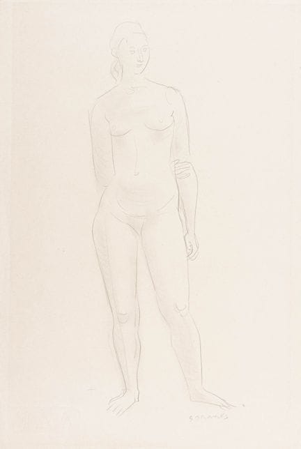 马尔克斯，格哈德。《站立的女性裸体》。铅笔绘于维林纸上（水印“AAF”）。右下角以铅笔签名。纸张尺寸