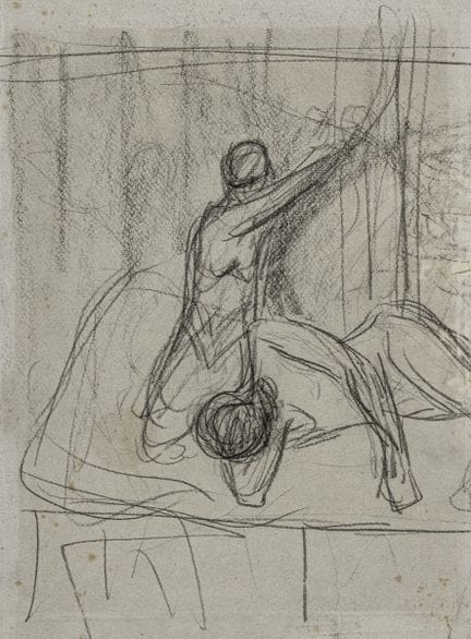 利伯曼，马克斯。《参孙与达利拉》。蓝灰色纸上的炭笔画。 （1912年）。纸张尺寸：27.5 × 21