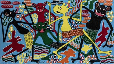 乔治·利兰加（George Lilanga）。《Mashinda ya Ulimi》。布面丙烯画。画