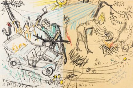 卡尔·胡布布赫。N.R. 与 H.B. 在“机动野餐”中。蜡笔画，绘于两张拼接的纸张上。作品已题名，