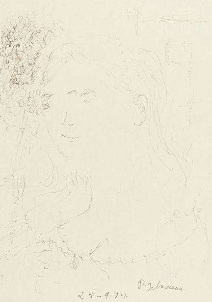德尔沃，保罗。《花卉女子头像》。黄色纸上用细纤维笔绘制的素描。下边缘有签名和日期。1984年。纸张尺