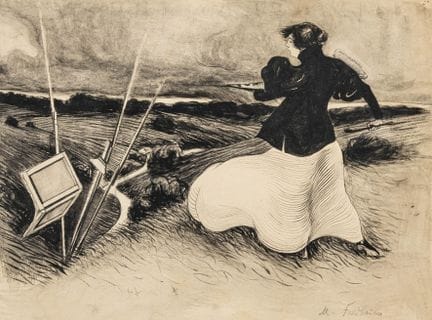 费尔德鲍尔，马克斯。无题。（风暴中的户外写生女画家）。薄纸板上的水墨淡墨画（水印：SCHOELLER