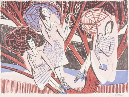 Maetzel, Emil. Tres niñas en un árbol. Litografía 