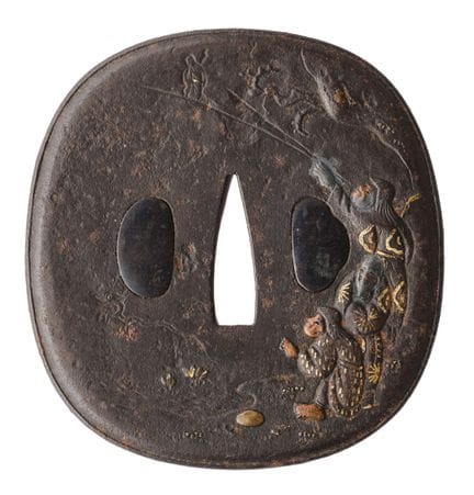 TSUBA GIAPPONESE IN FERRO CON INTARSI IN ORO E ARG