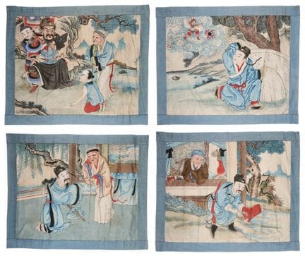 VIER CHINESISCHE BEMALTE TEXTILTAFELN, QING-DYNAST