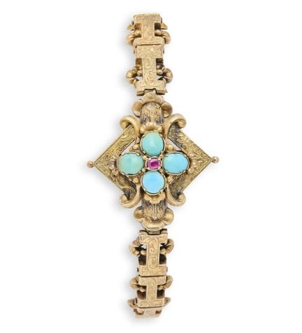BRACELET VICTORIEN EN OR, TURQUOISE ET RUBIS, anné