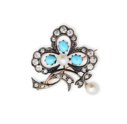 BROCHE VICTORIENNE EN TURQUOISE, PERLE ET DIAMANTS