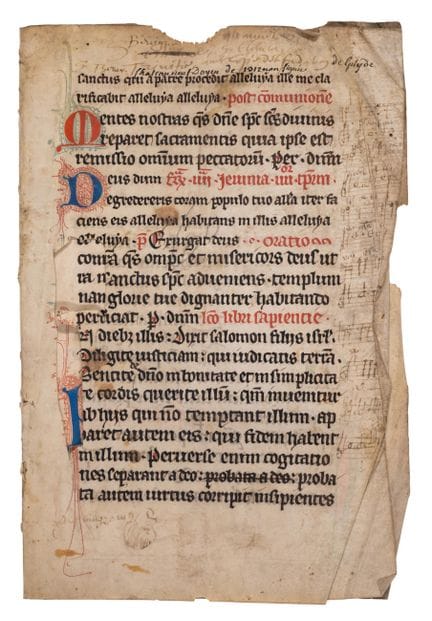 Bifolium tiré d’un missel, en latin, manuscrit enl