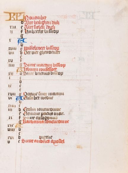 Calendrier, en moyen néerlandais, manuscrit enlumi