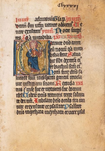 Six feuillets tirés d’un psautier, dont l’un compo