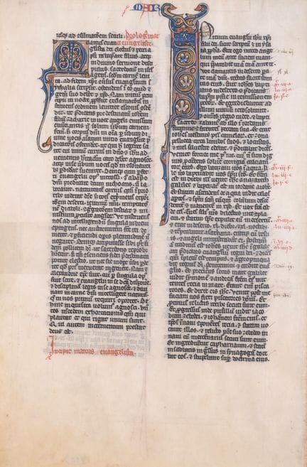 Feuille tirée d’une grande Bible universitaire, co