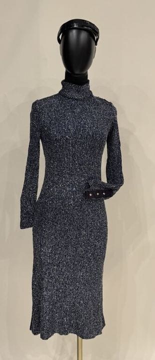 Robe longue vintage en tricot de laine noire et gr