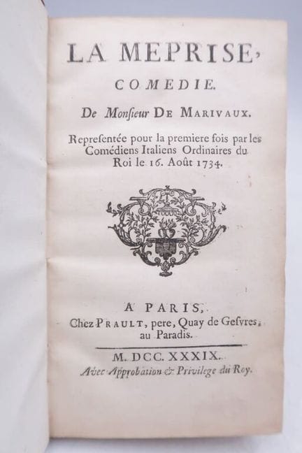 马里沃。《误会》。

巴黎，皮埃尔·普劳，1739年。
12开本（16.5×9厘米），红色半羊皮封面