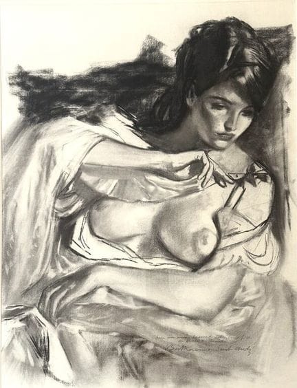 路易·贝尔托姆-圣安德烈（1905-1977）。
裸胸少女。
炭笔画。
右下角签名并题词。
画芯尺寸