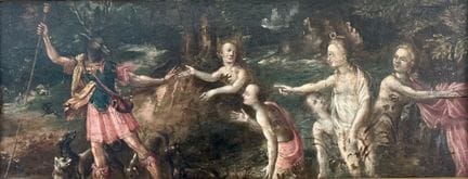 约1600年的法国画派作品。
迪安娜将阿克泰翁变为雄鹿。
木板油画。
38 x 97 厘米。
含画框