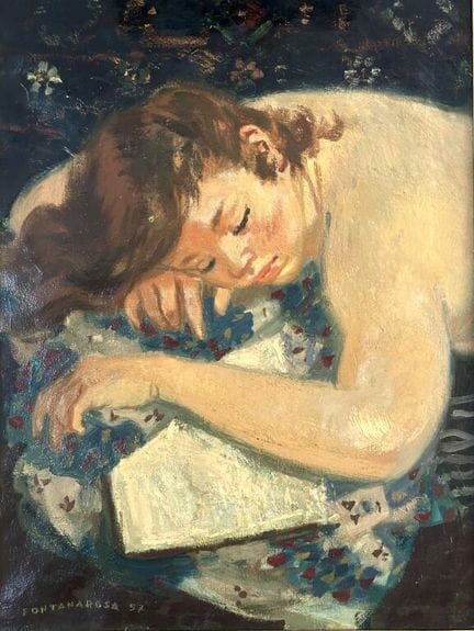 吕西安·丰塔纳罗萨（1912-1975）。
午睡时手捧书本的年轻女子。
布面油画。
左下角签名并标注