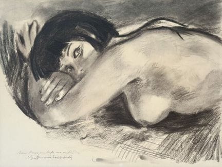 路易·贝尔托姆-圣安德烈（1905-1977）。
仰卧女性裸体。
炭笔画。
左下角有题词并签名。
画