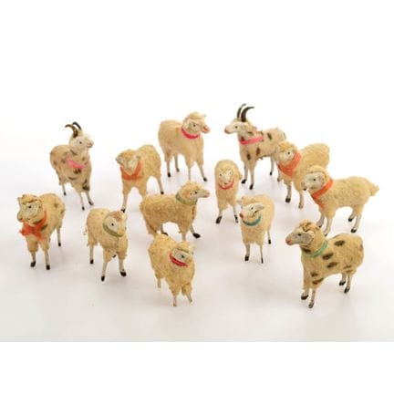 Clay and wood, partially painted, 13 standing figu