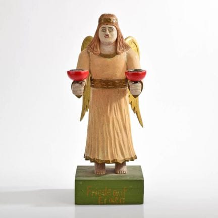 Wood, turned, sawed, and partially carved, painted