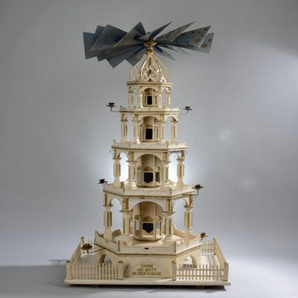Wood, turned and sawed, finished in white and gold