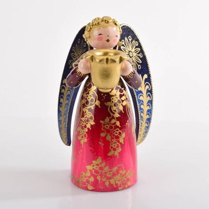 Wendt &amp; Kühn，格吕恩海尼兴，站立式金发圣诞天使摆件，身着红色连衣裙，翅膀饰以蓝色